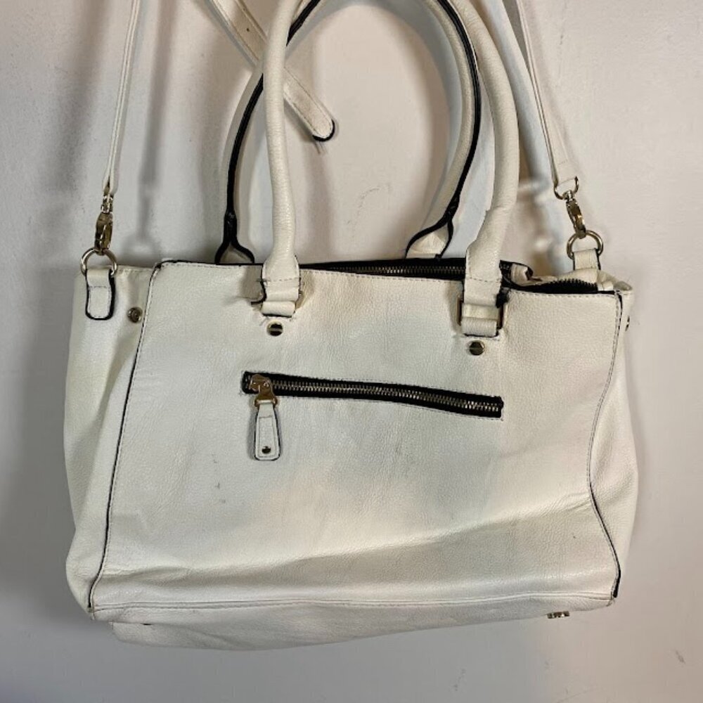 Two-Tone Women's White Black Leather Satchel Tote Bag Large - Picture 6 of 11